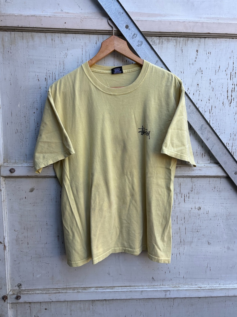Vintage Y2K Stussy Black Spell Out Pale Yellow Short Sleeve Shirt Size L